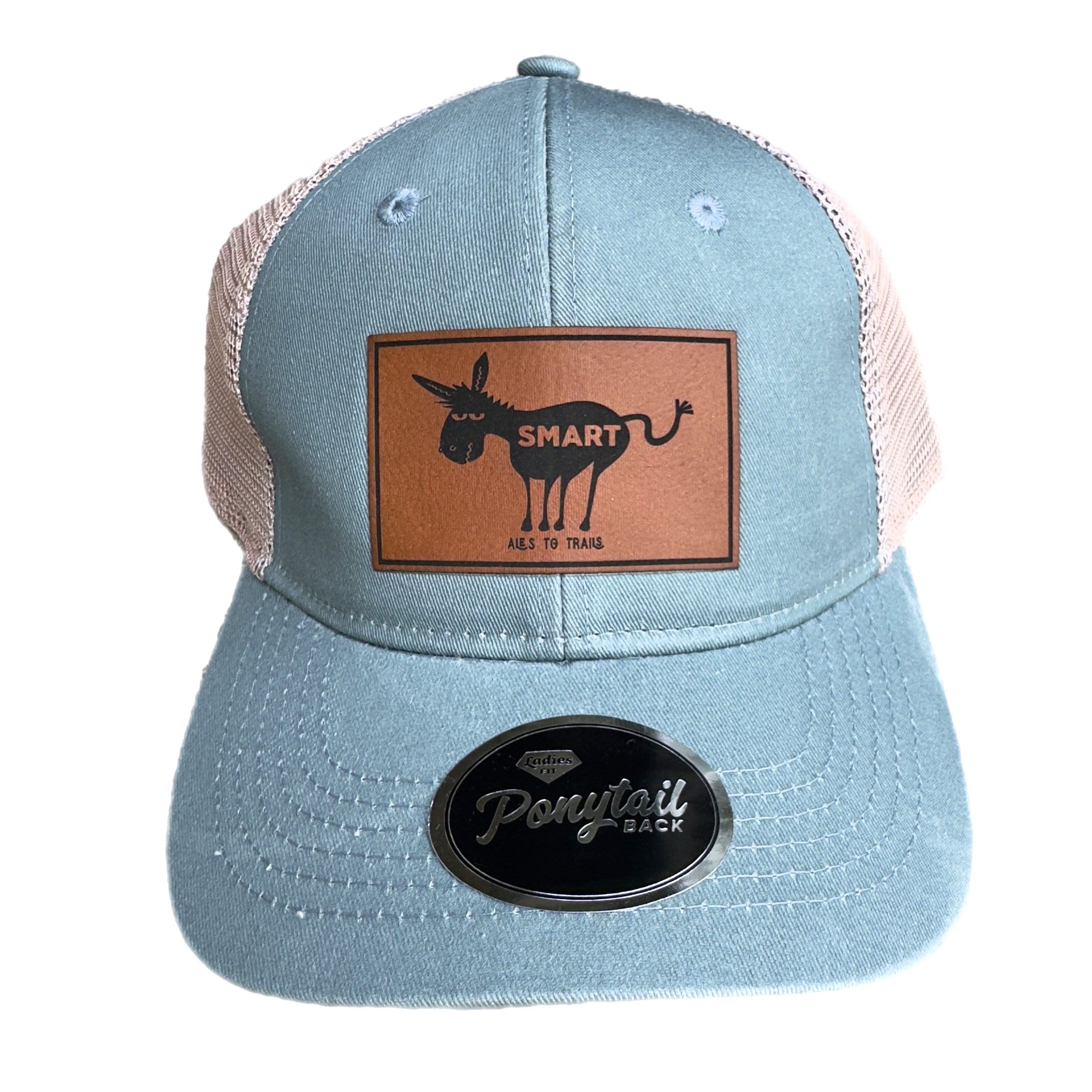 Light blue trucker hat with brown leather patch that says smart ass