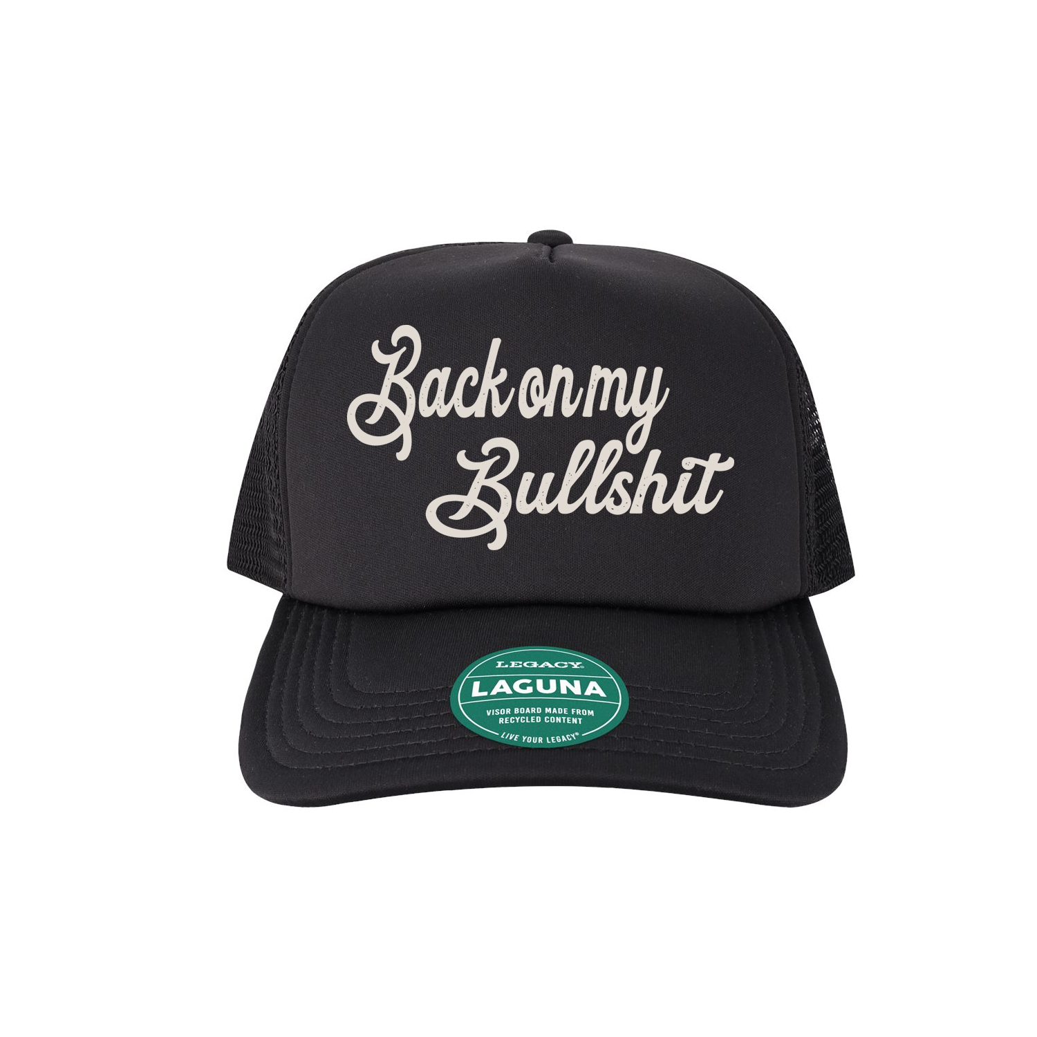 Black trucker hat with bold “Back on My Bullshit” lettering, funny outdoor hat for campers, hikers, and day drinkers from Ales to Trails.