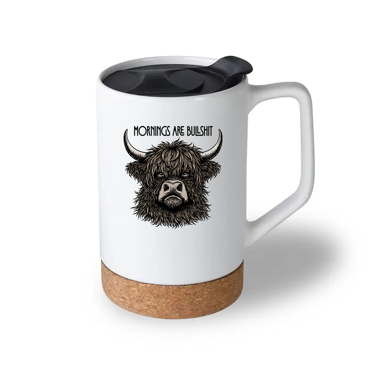 White mug with a highland cow illustration and text on a white background