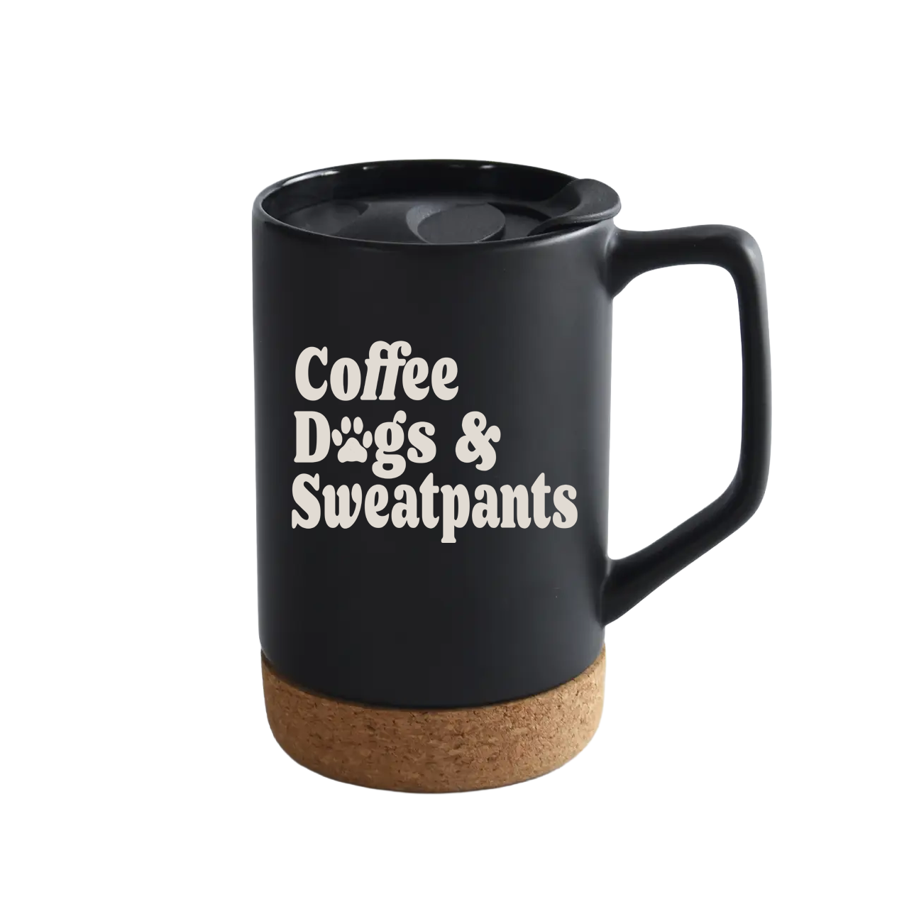 Black mug with cork base and 'Coffee Dogs & Sweatpants' text on a white background