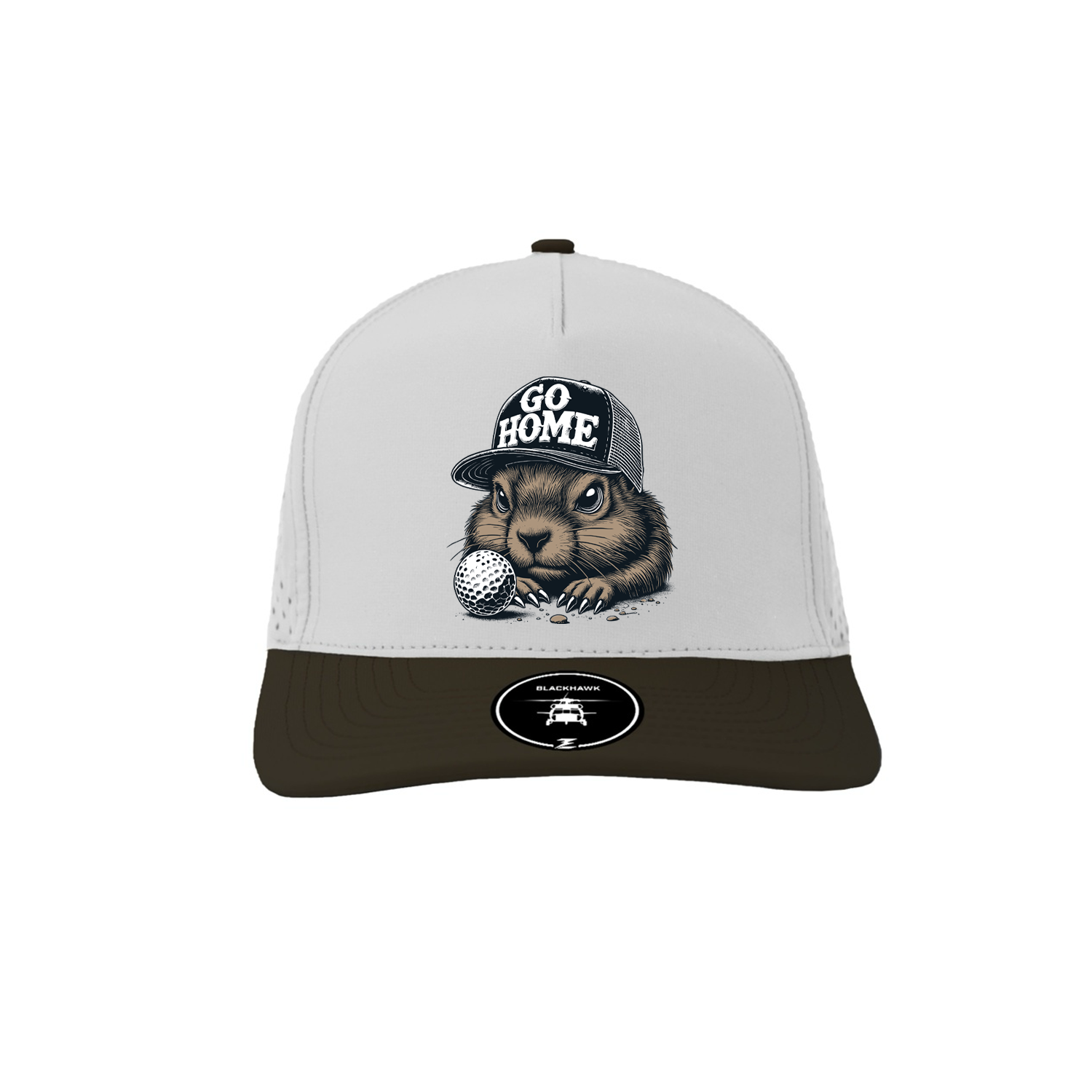Funny golf trucker hat featuring a gopher next to the hole with the phrase “Go Home,” inspired by the Happy Gilmore movie. Humorous golf hat for golfers who love classic golf humor.