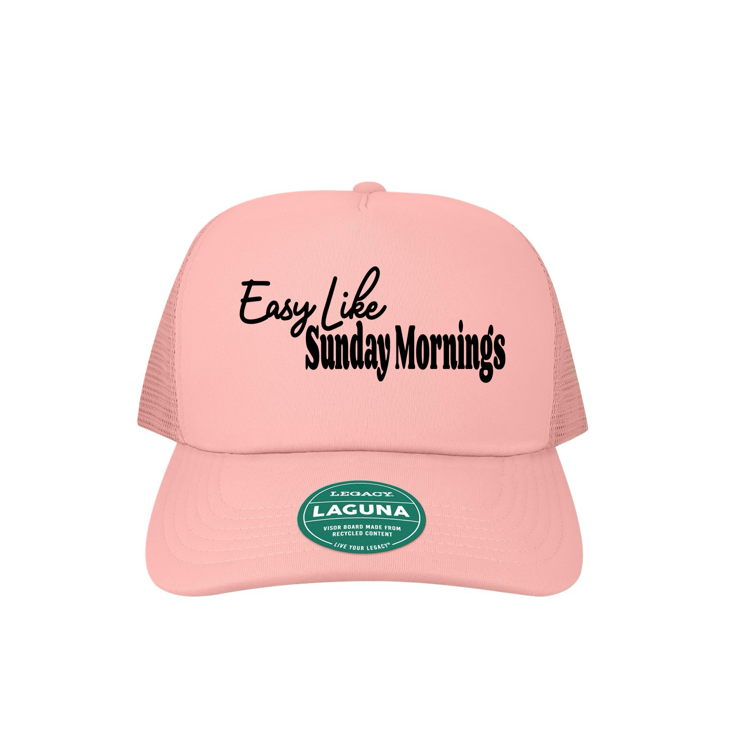 Hat with text “Easy Like Sunday Mornings,” styled for cozy coffee, campfire, and laid-back weekend vibes.