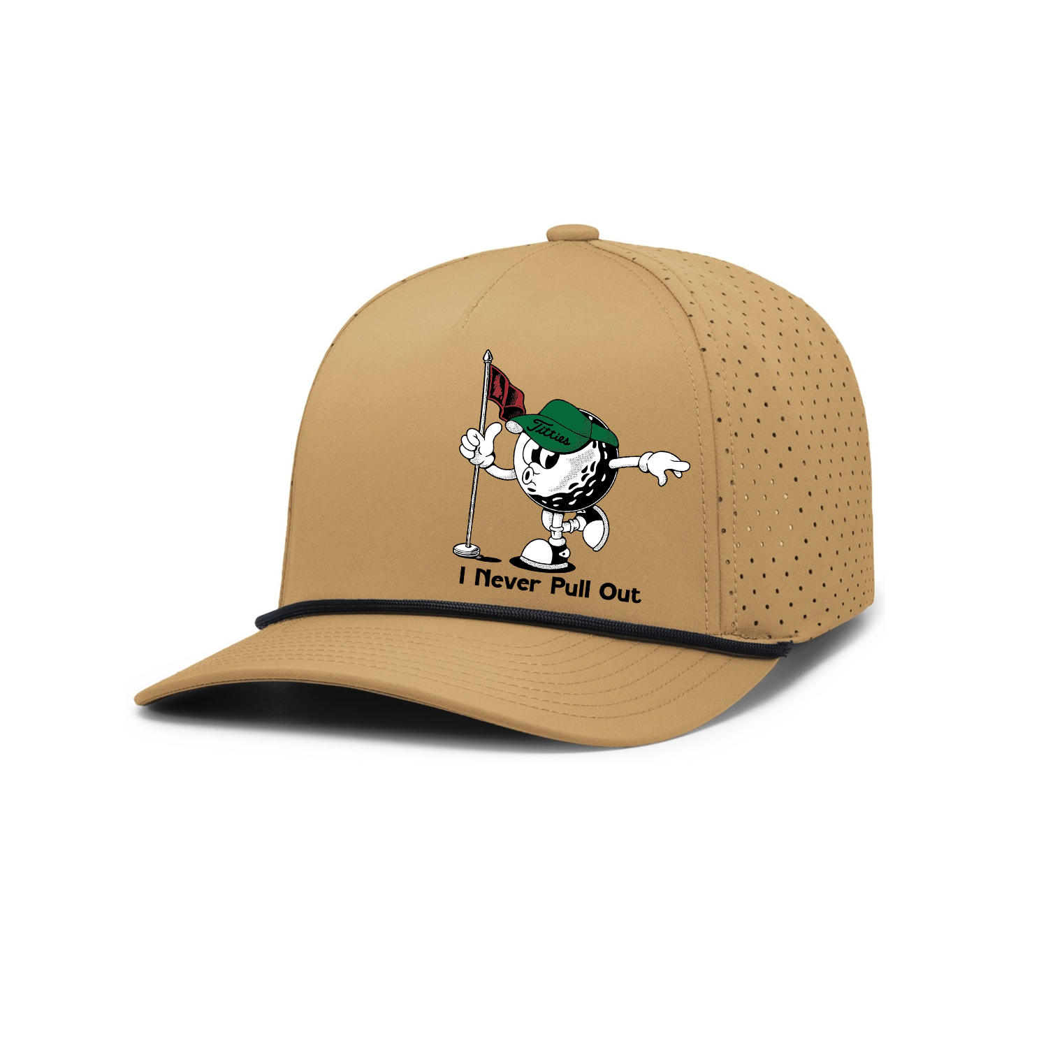 Funny golf trucker hat featuring a retro cartoon golf character with the phrase “I Never Pull Out.” Humorous golf hat for golfers who love bold golf humor.