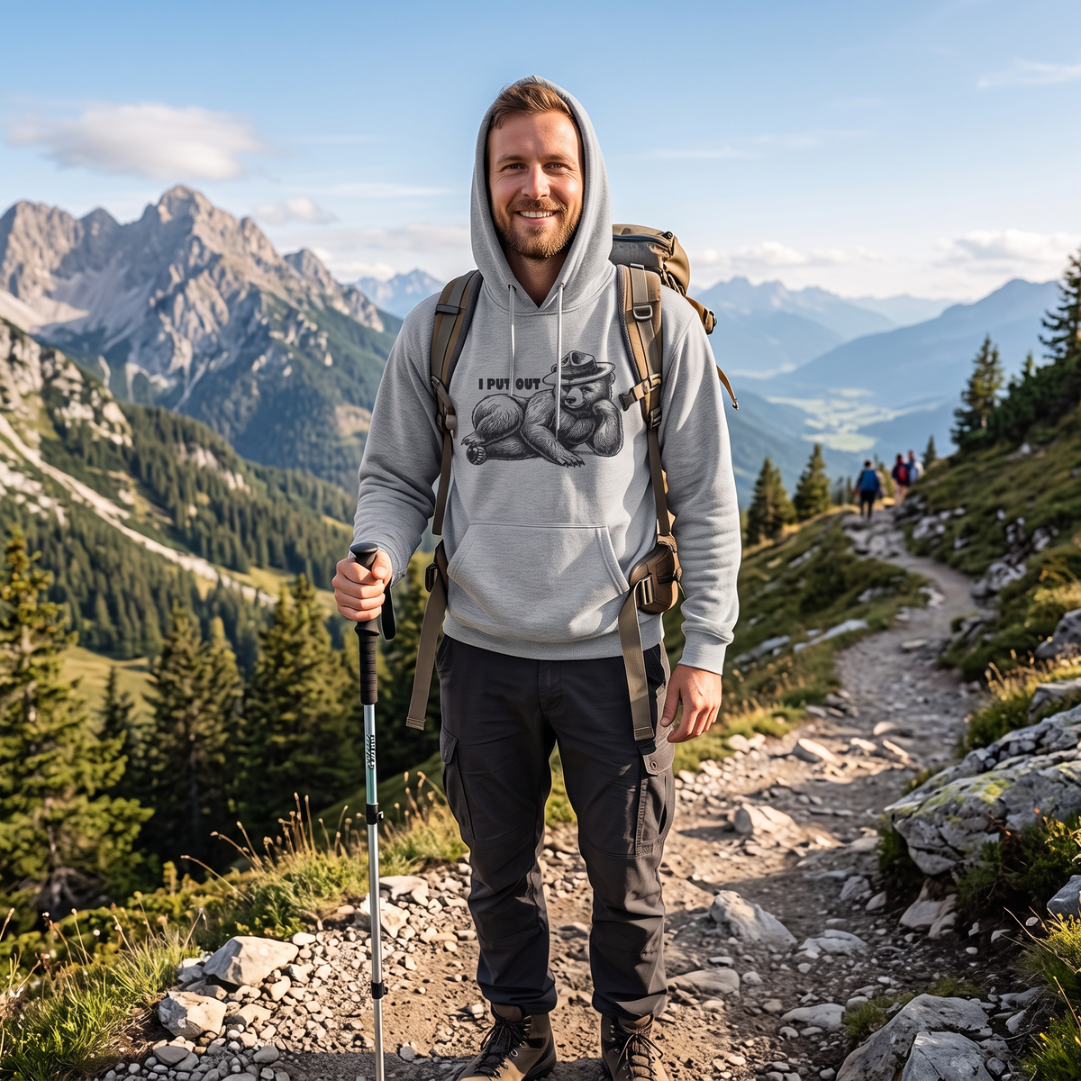 I Put Out Park Ranger Vintage Style Hoodie in gray, worn by a model