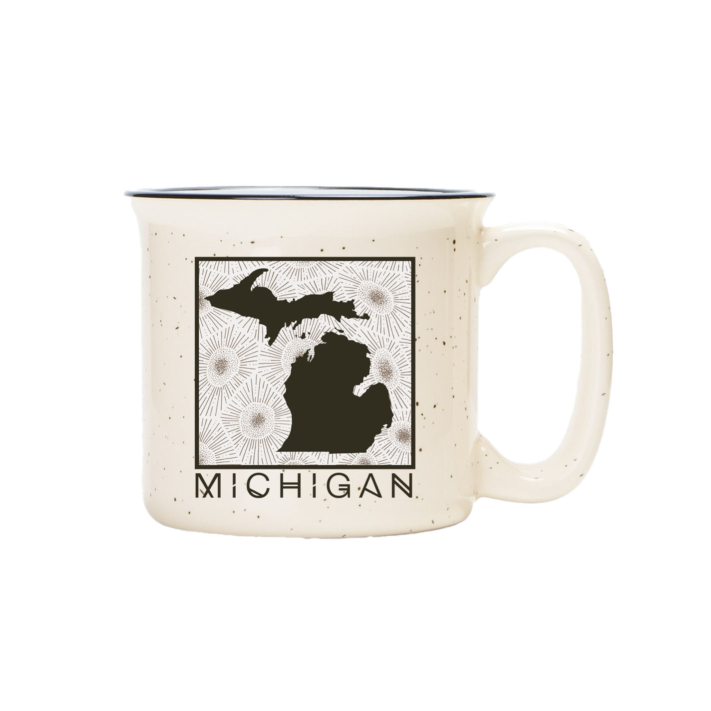 An off-white speckled ceramic mug featuring a black graphic of the state of Michigan with the word 'MICHIGAN' printed below, shown against a plain white background.