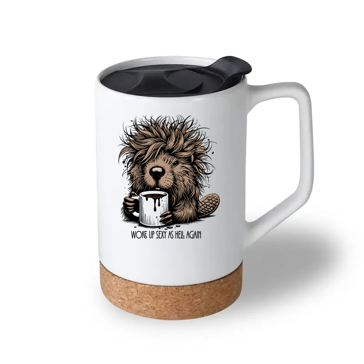 Travel mug with a design of a bear holding a coffee cup and text, on a white background