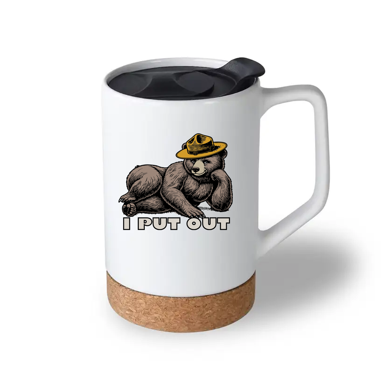White mug with bear graphic and 'I PUT OUT' text on a white background
