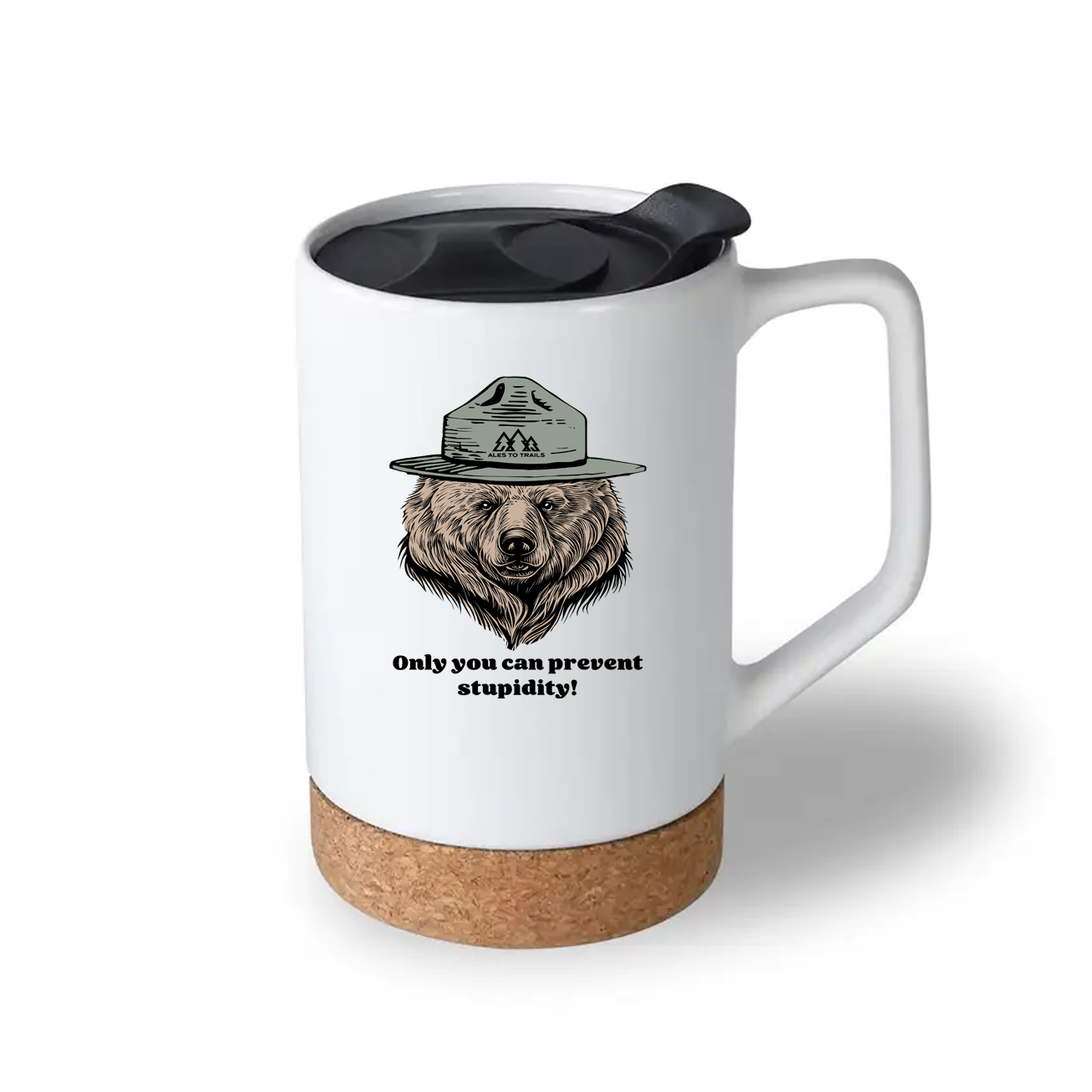 White mug with bear graphic and text on a white background
