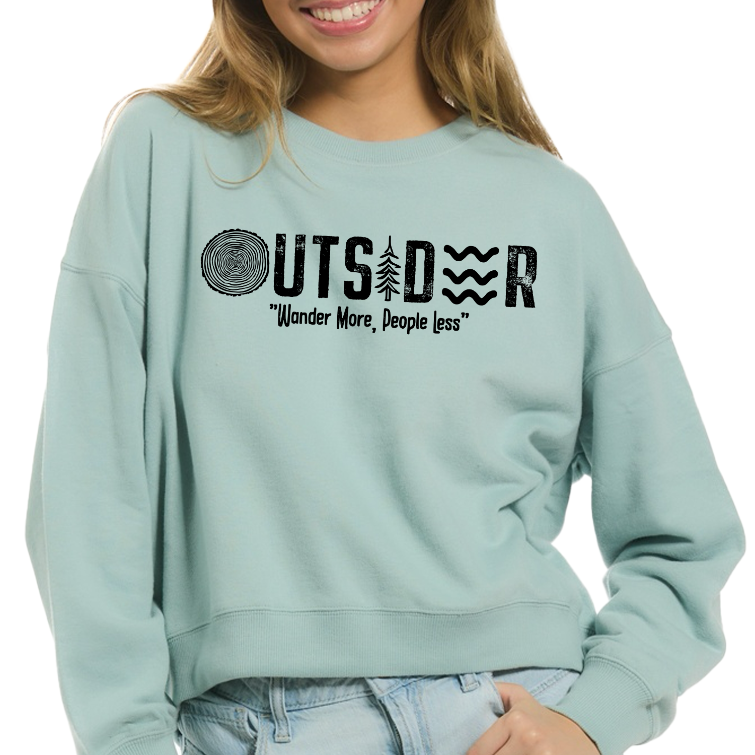 Graphic blue sweatshirt with the phrase ‘Outsider Wander More, People Less’ printed on the front