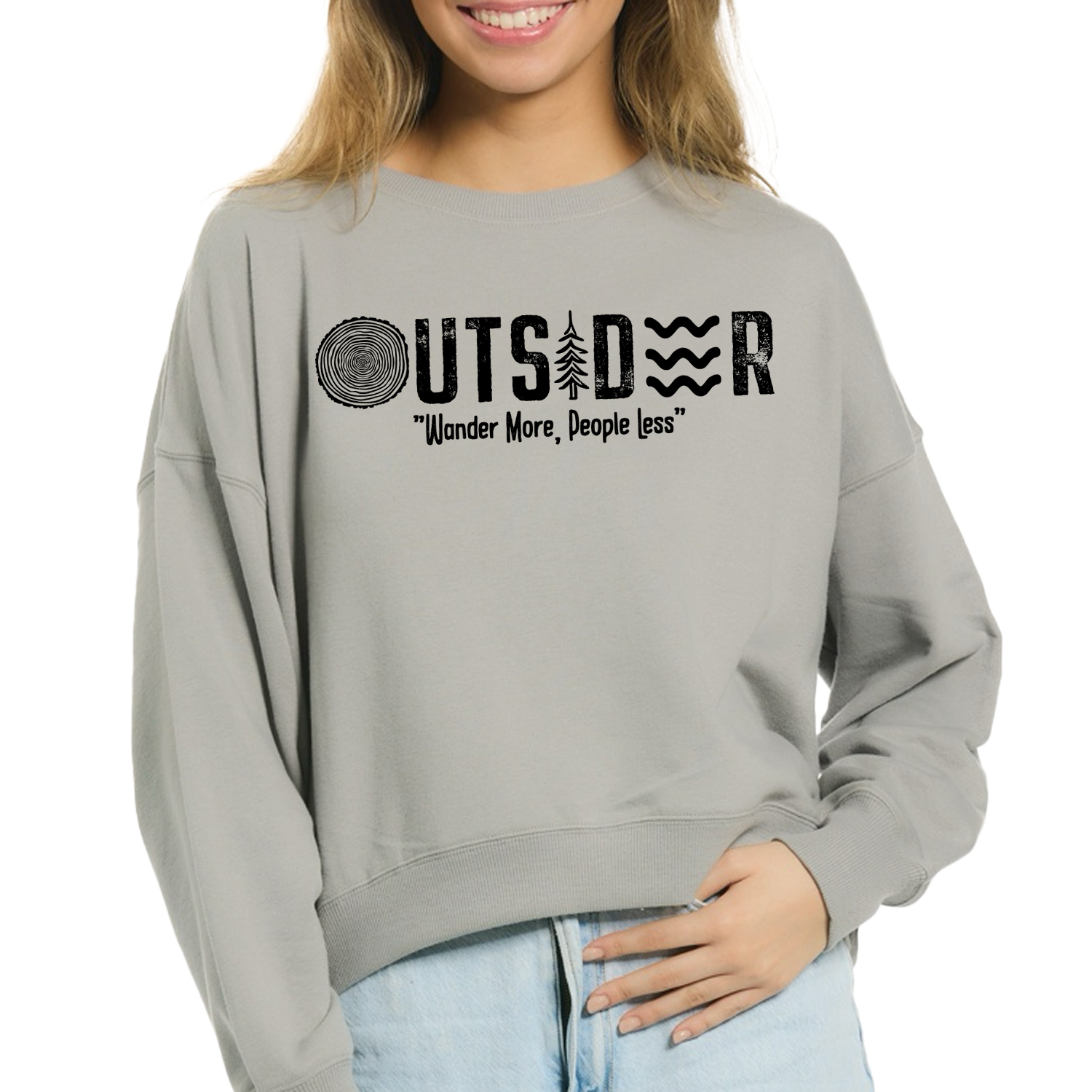 Graphic gray sweatshirt with the phrase ‘Outsider Wander More, People Less’ printed on the front