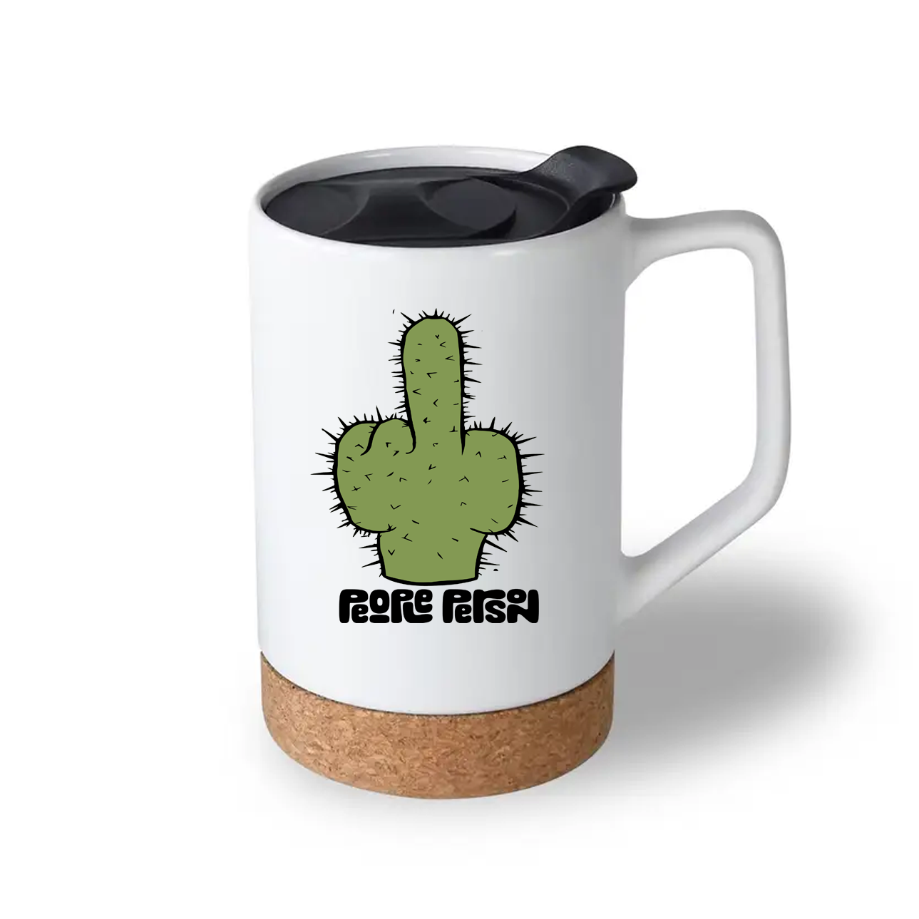 White mug with a cactus design and 'F*ck off' text on a white background