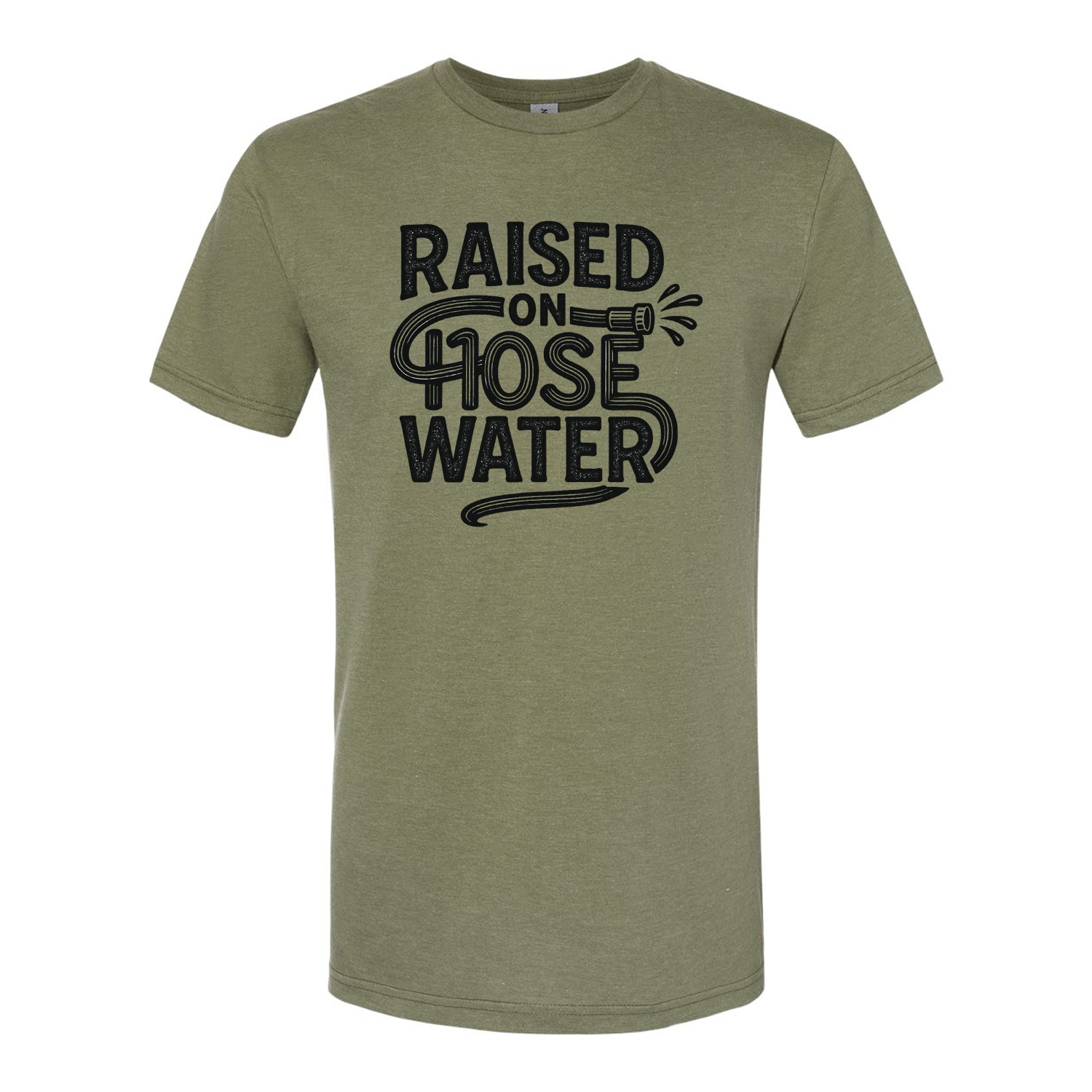 Graphic T-shirt with the phrase ‘Raised on Hose Water’ in bold lettering on greenn shirt