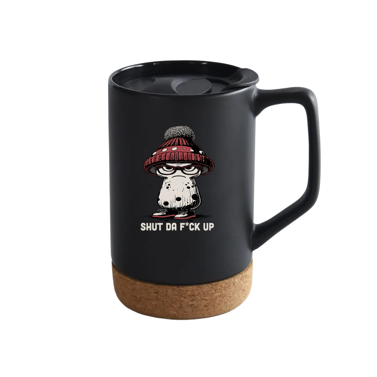 Black mug with a cartoon character and text on a white background