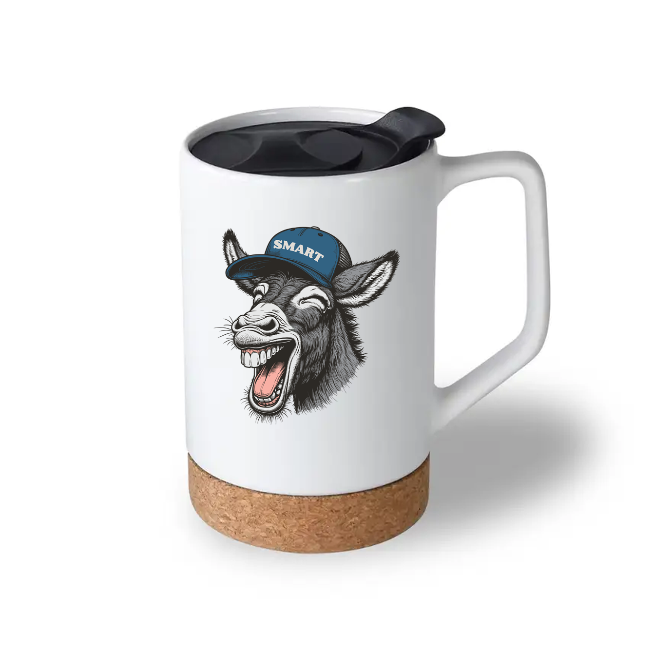 Travel mug with a donkey graphic wearing a 'SMART' cap on a white background