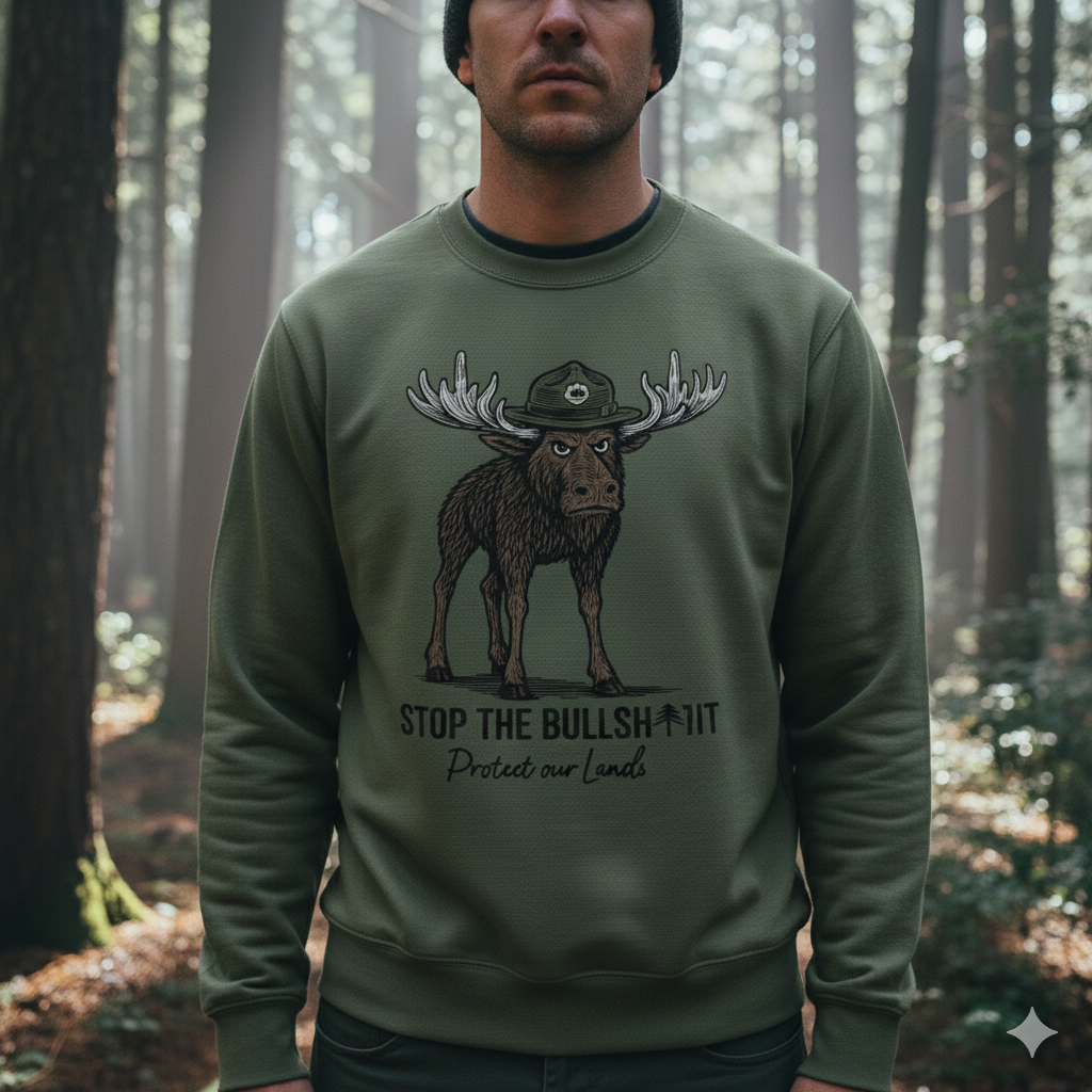 A person models an olive green crewneck sweatshirt featuring a graphic of a moose wearing a ranger hat. Below the moose, text reads "STOP THE BULLSHIT" and "Protect our Lands."