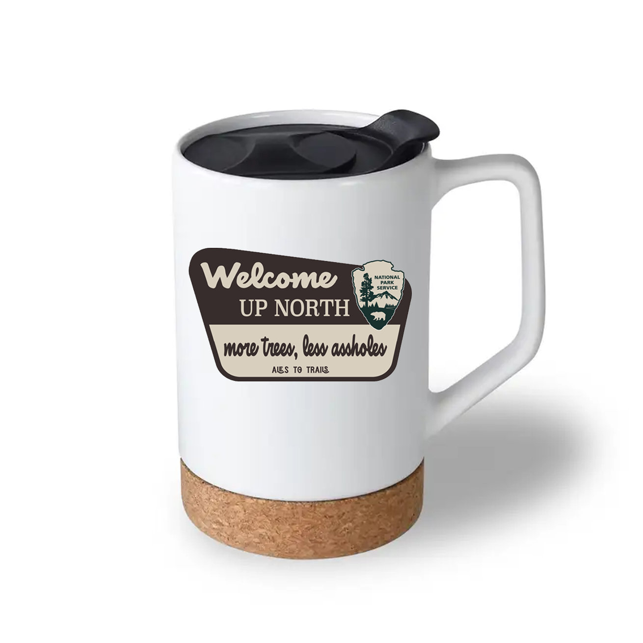 A white ceramic travel mug with a cork base and black lid, featuring a retro 'Welcome Up North' graphic on the front.