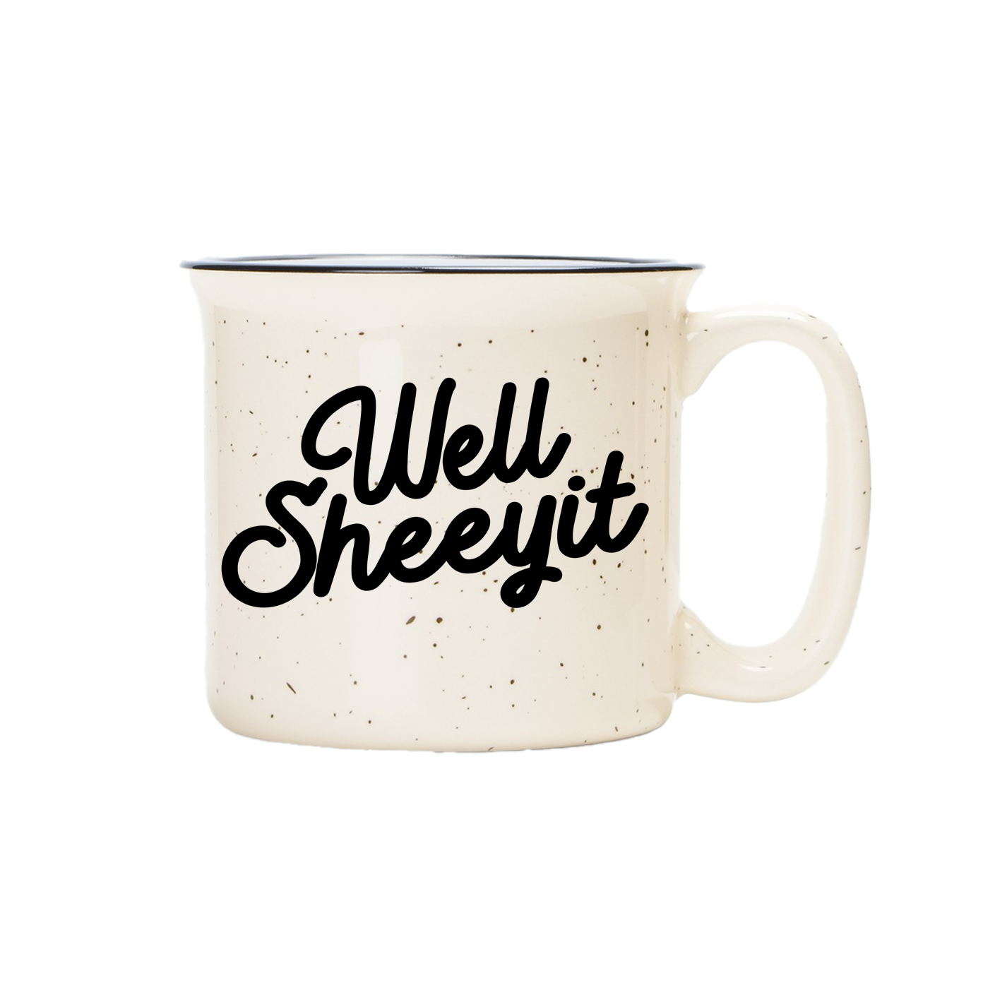 Speckled mug with 'Well Sheeyit' text on a white background