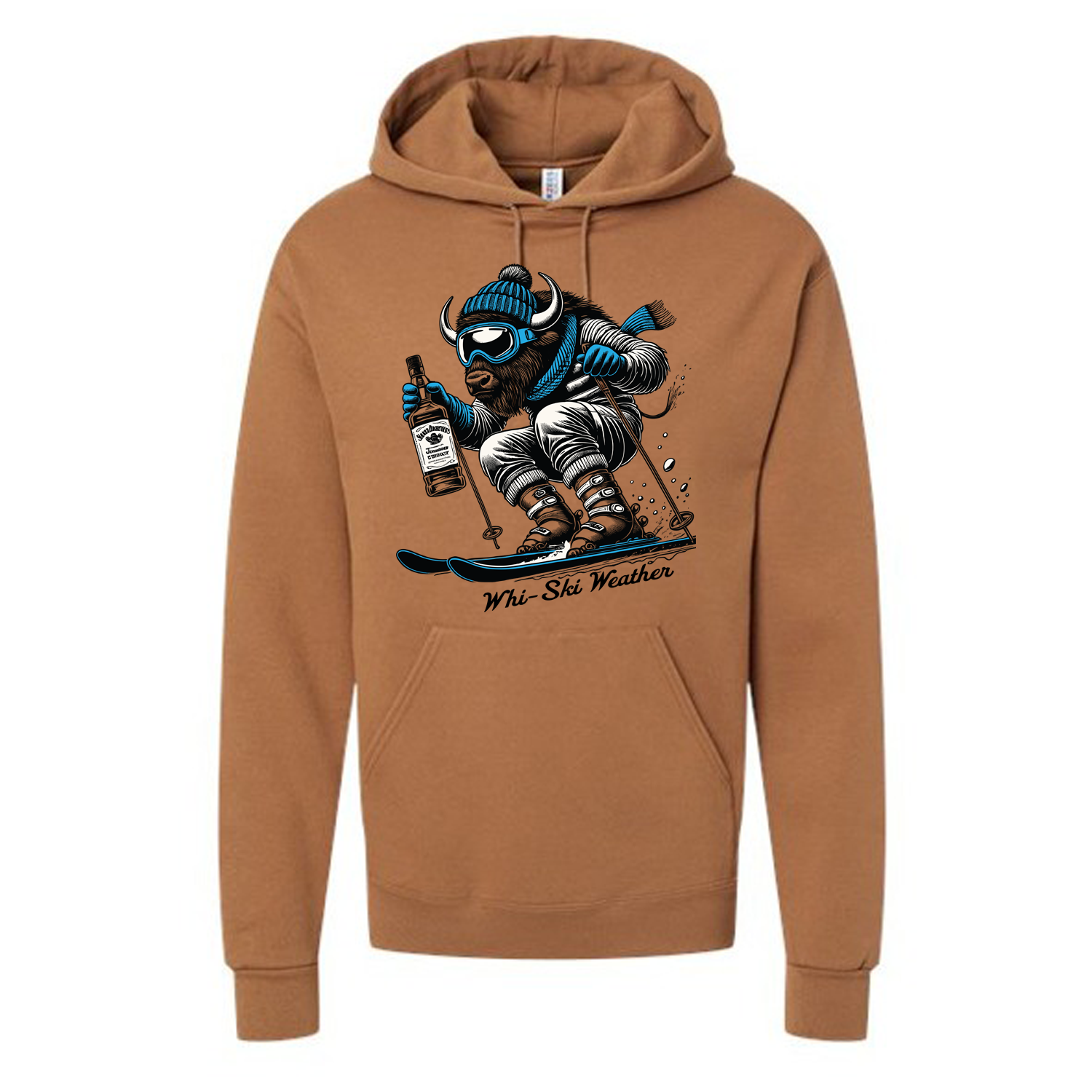 Graphic skiing hoodie featuring a large buffalo wearing a hat and scarf, skiing downhill while holding a bottle of whiskey. Text reads "Whi-Ski Weather."