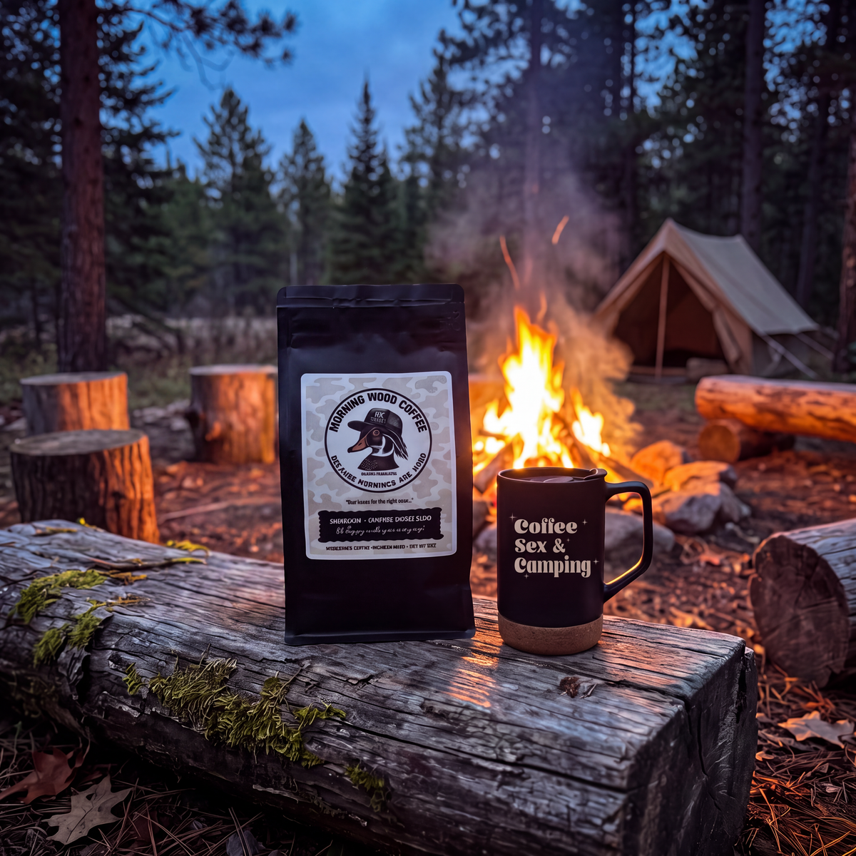 "Outdoor man drinking from Morning Wood Co funny coffee mug, Michigan-made"
