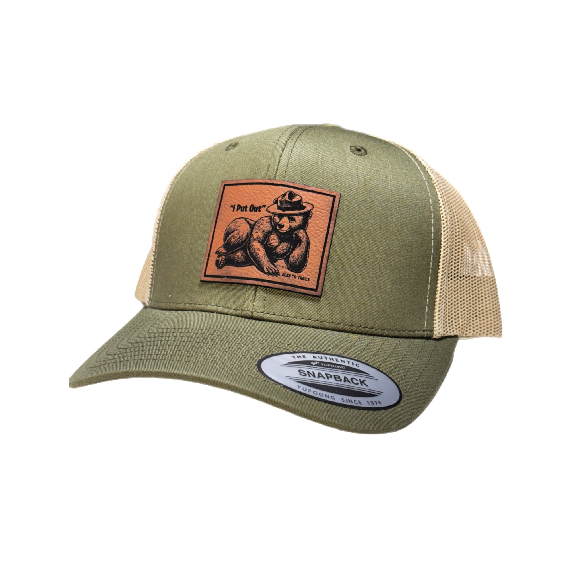 Funny trucker hat with seductive Smokey Bear inspired character and the phrase “I Put Out.” Humorous camping hat for hikers, campers, bonfires, and outdoor lovers. 🔥🧢