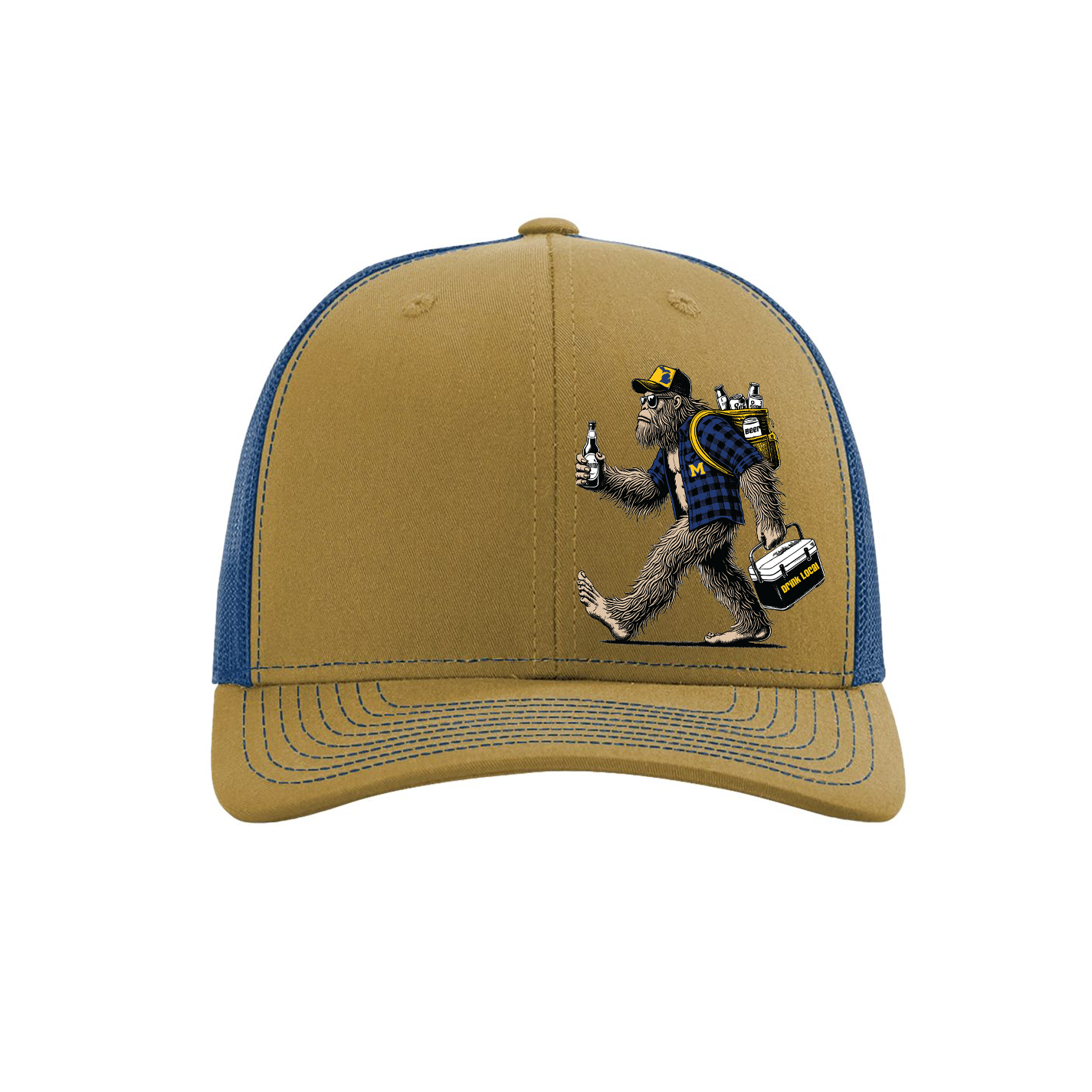 A tan and blue trucker hat featuring a detailed embroidered graphic of a bearded bigfoot wearing a blue plaid shirt and carrying beer bottles, shown against a plain white background.