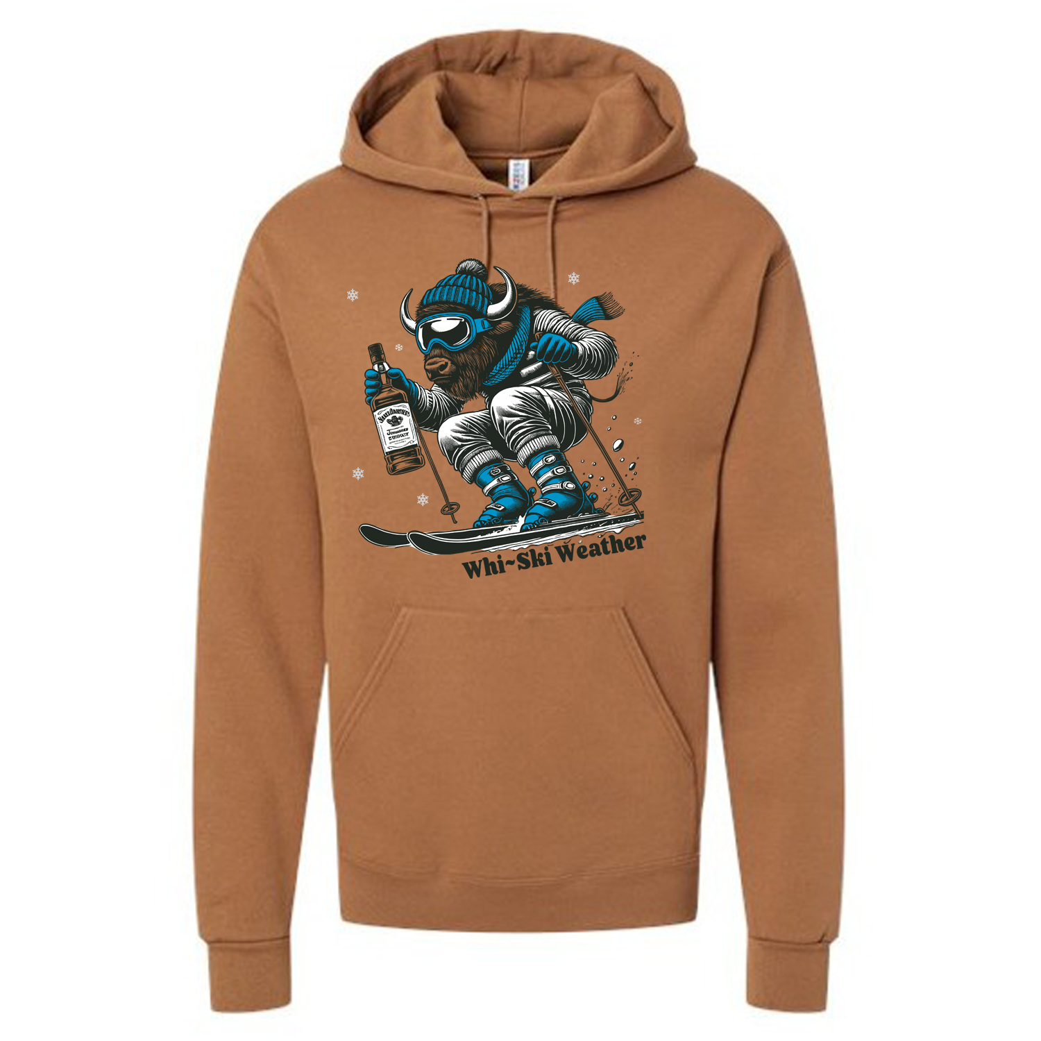 Cozy Brown hoodie with a graphic of a buffalo skier holding a bottle of Jack Daniel's and says whi-ski weather