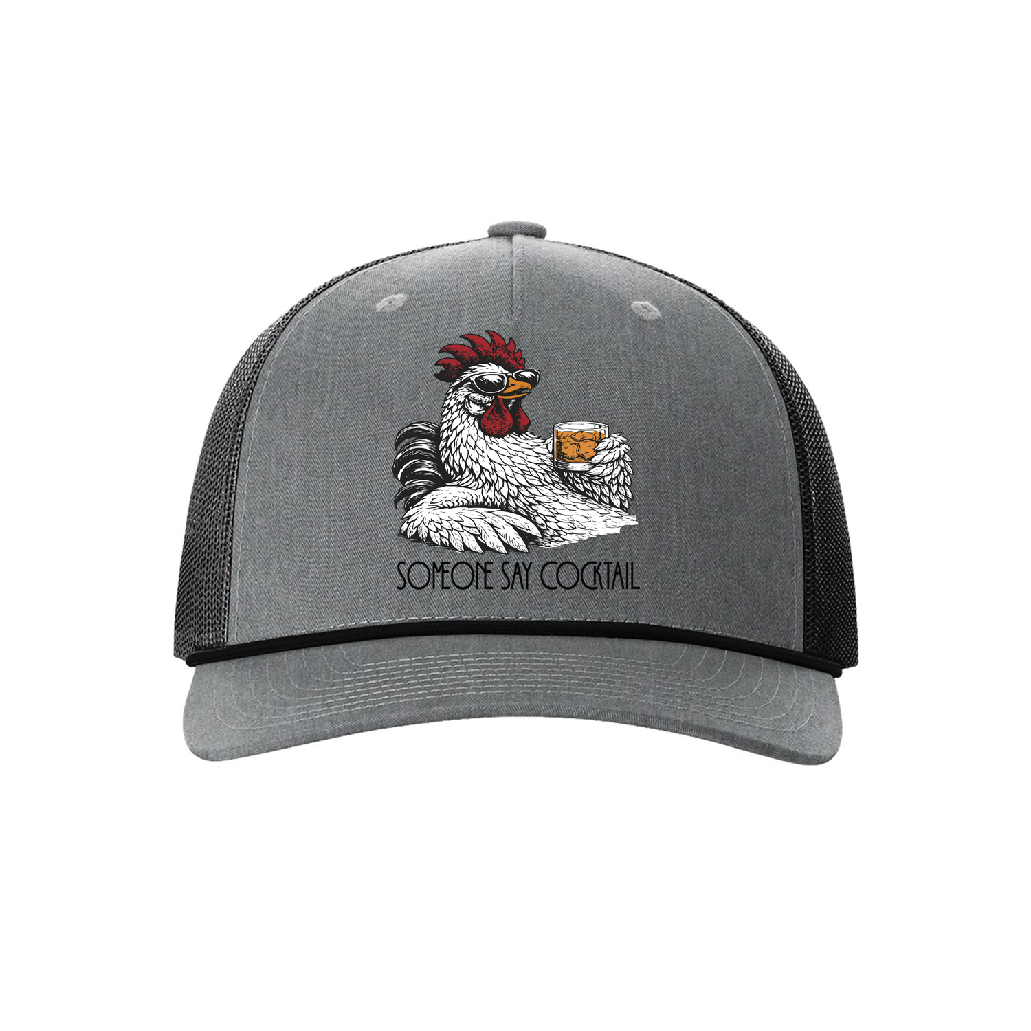 Funny trucker hat featuring a rooster drinking bourbon with the phrase “Someone Say COCKtail.” Humorous hat for bourbon lovers, cocktail fans, BBQs, and whiskey drinkers.