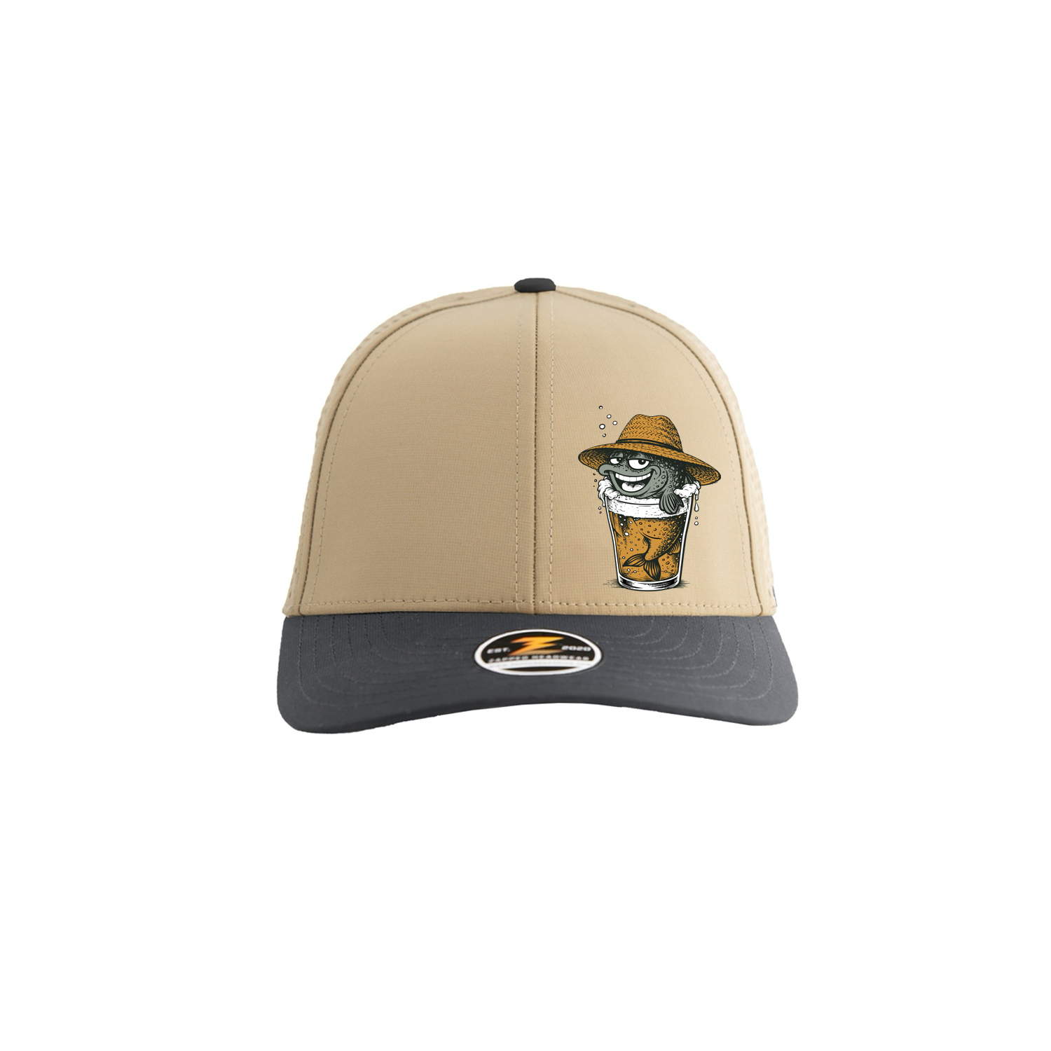 Funny Gill-ty Pleasures trucker hat featuring a trout wearing a sunhat sitting inside a glass of beer. Humorous fishing hat perfect for anglers, lake days, and beer lovers. 🎣🍺🧢