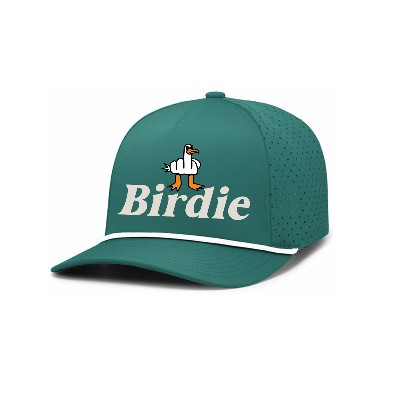 Funny Birdie golf trucker hat featuring a duck silhouette flipping the bird with the word “Birdie.” A humorous golf hat for golfers who love birdies, beers, and trash talk.