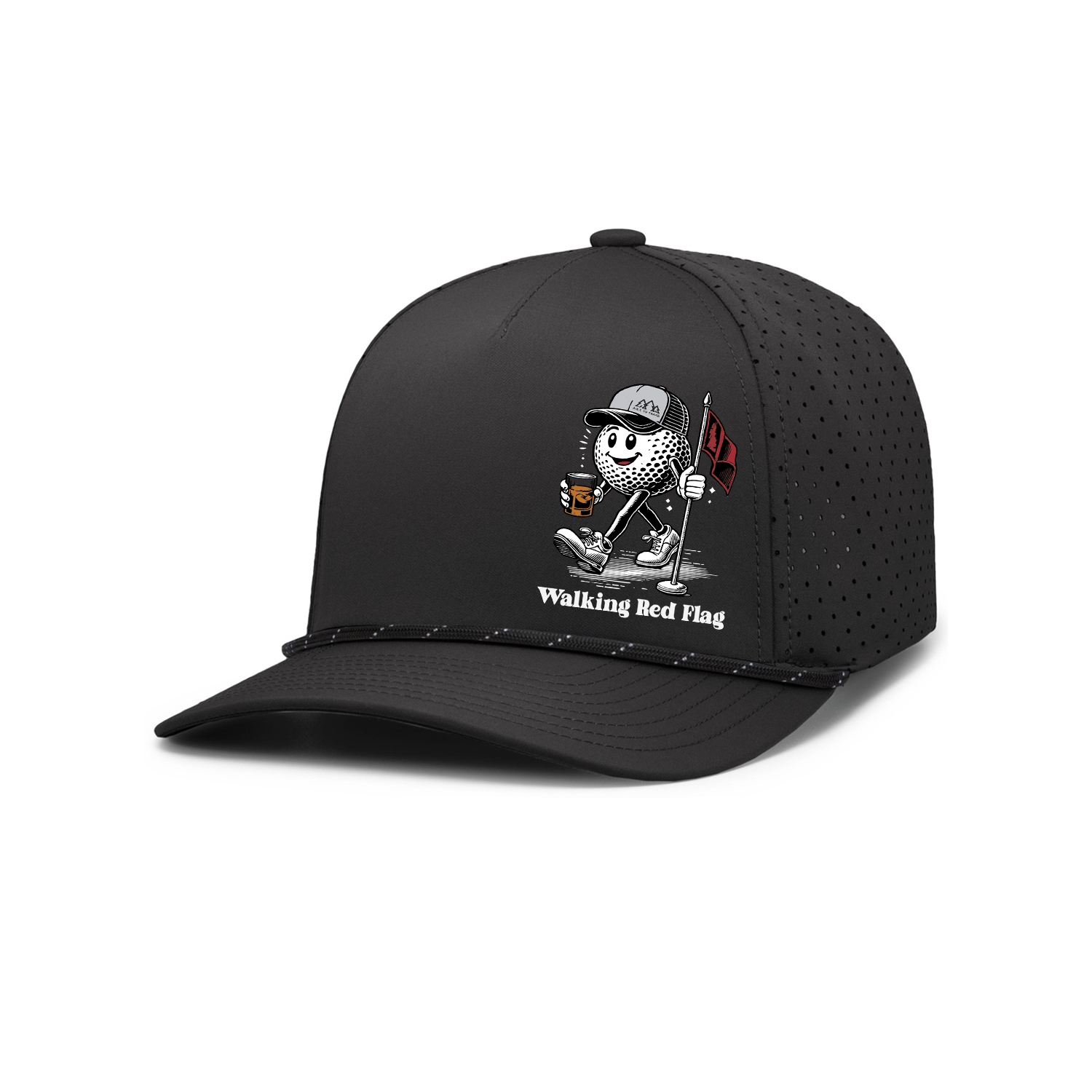 Funny Walking Red Flag golf hat featuring a retro golf ball holding a red flag and drinking bourbon. Perfect golf hat for golfers who love bourbon and humor.