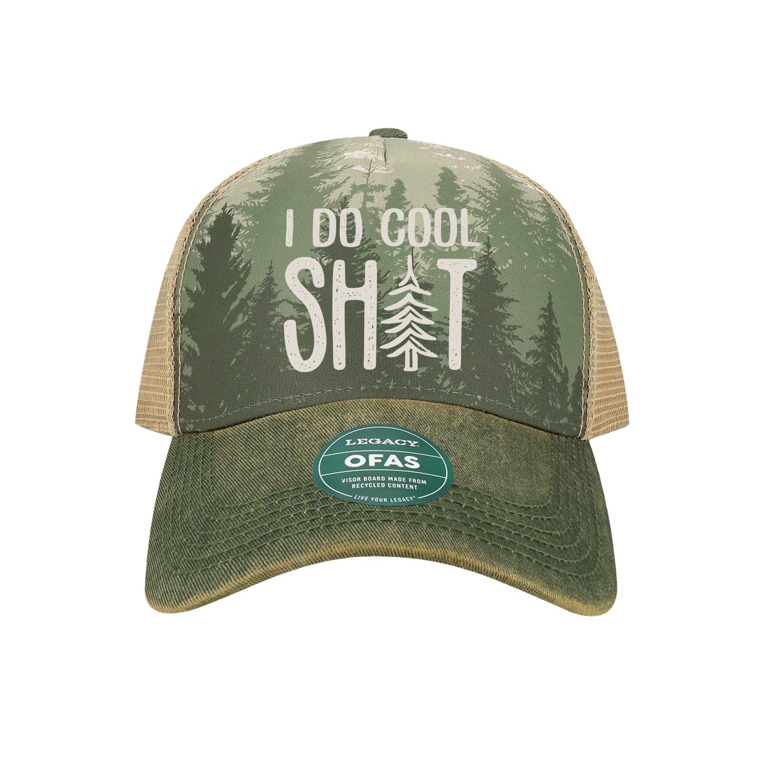 Trucker hat with the phrase “I Do Cool Sh*t” featuring pine trees in the background. Funny hiking hat for campers, hikers, and outdoor adventure lovers. 🌲🧢