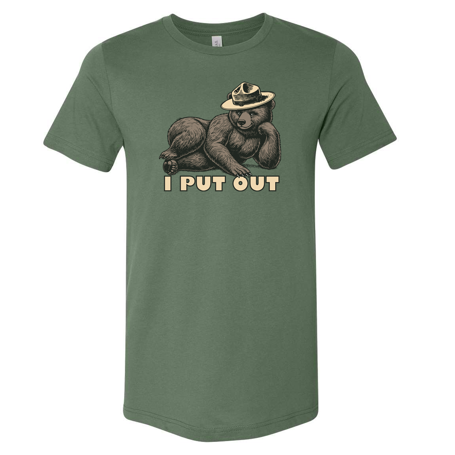 Graphic t-shirt with “I Put Out” text featuring a seductive Smokey-style bear lying down, funny camping shirt with flirty double-meaning design.