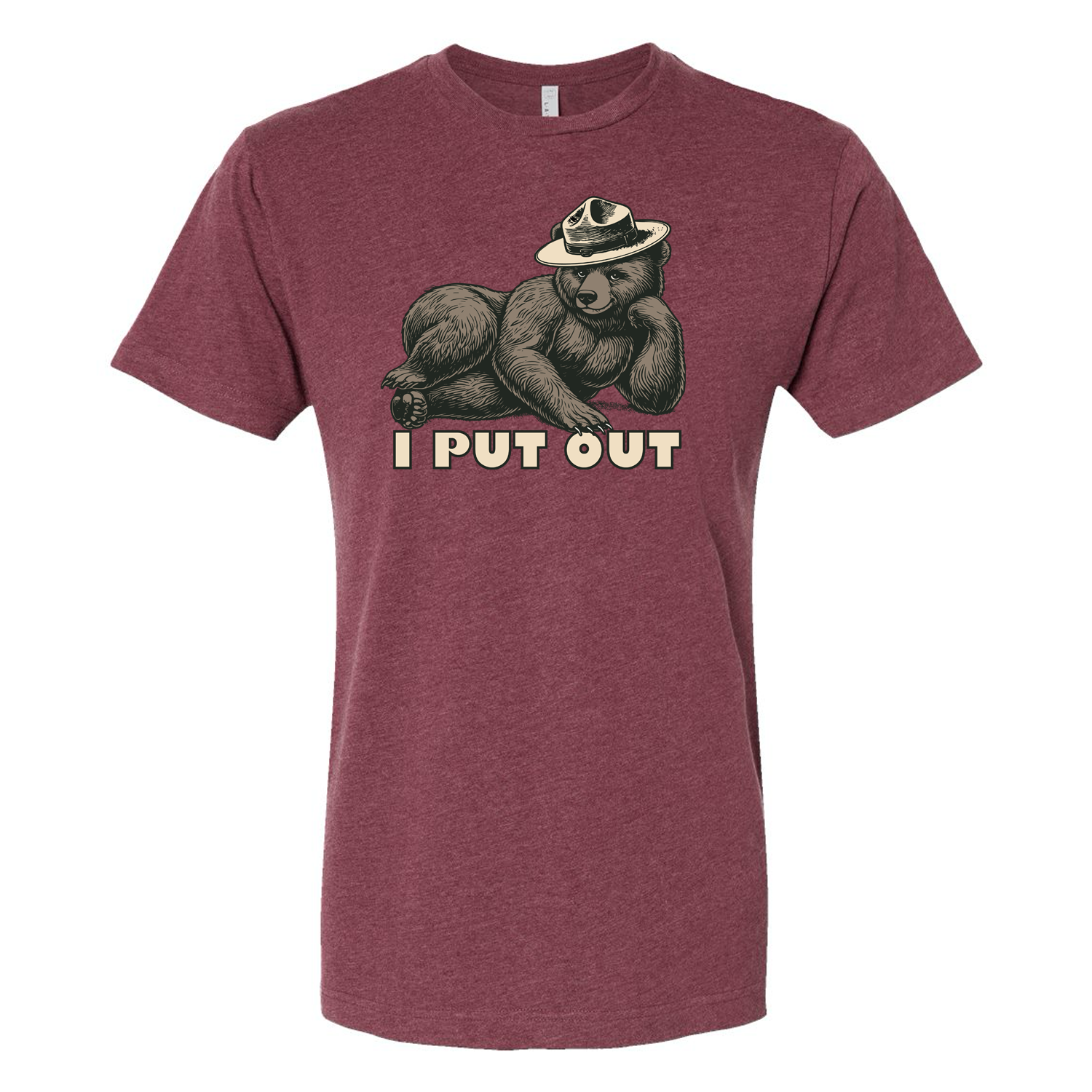 Red t-shirt with a seductive Smokey bear laying down and the phrase I Put Out in bold lettering
