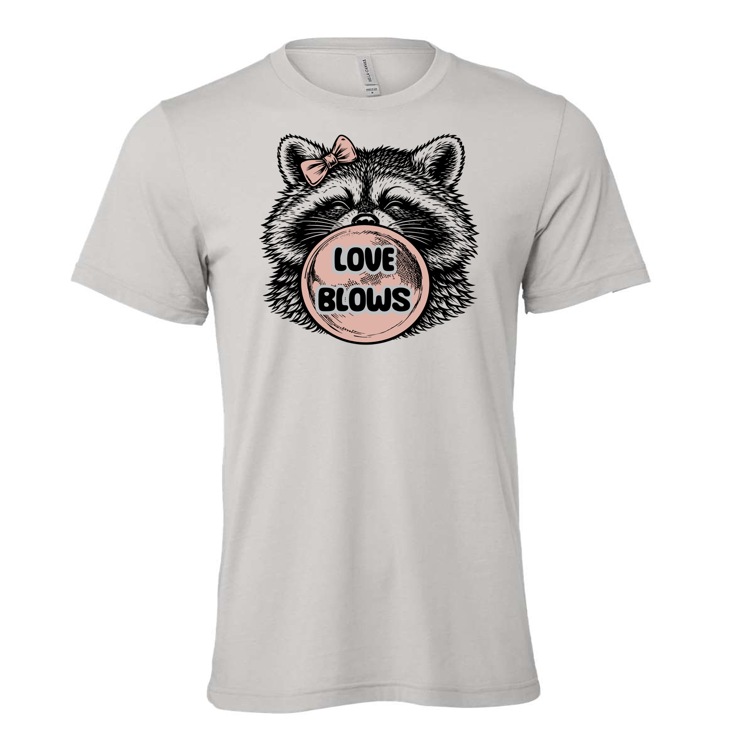 Funny raccoon blowing a large bubblegum bubble with the words “Love Blows” on a graphic t-shirt