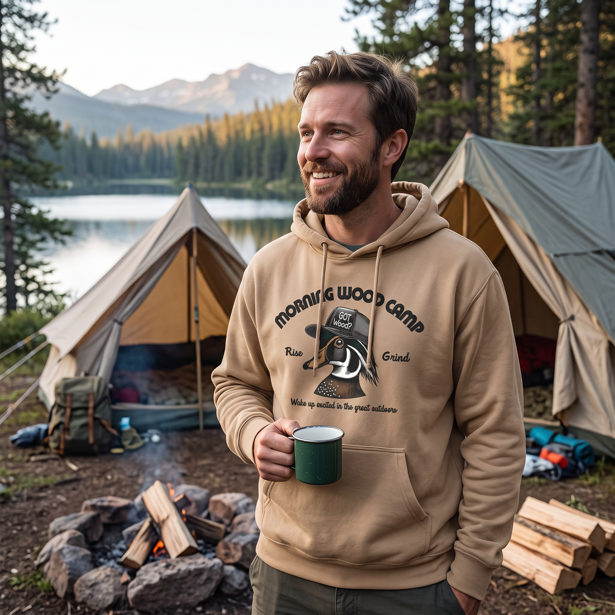 Morning Wood Camp Hoodie, worn by a model