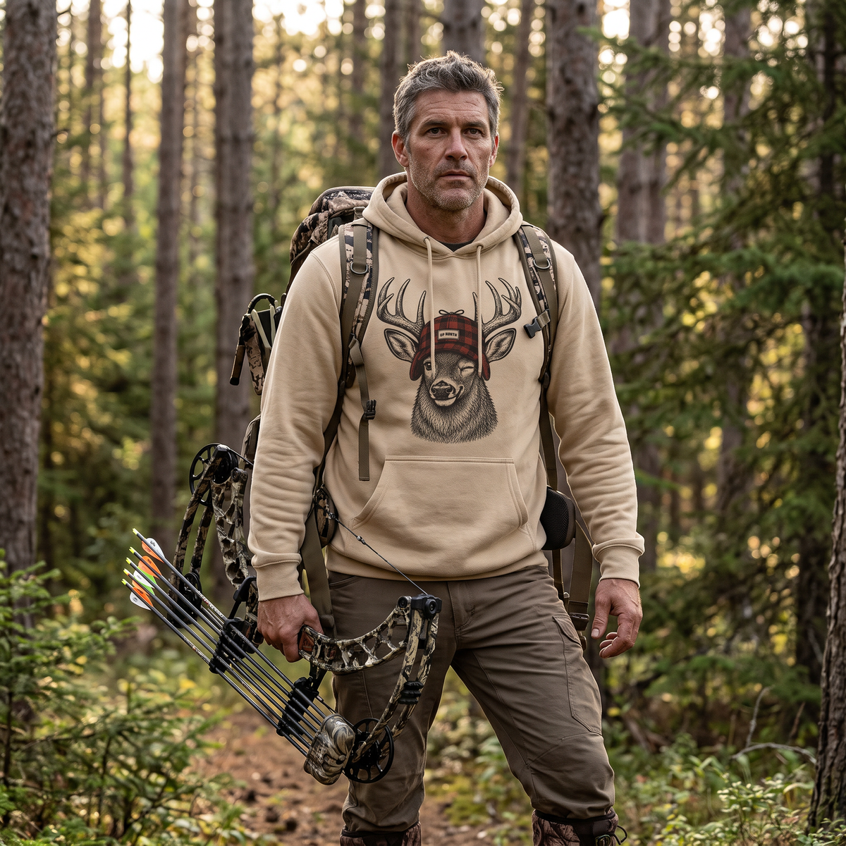 Stormy Plaid Up North Buck Hoodie, worn by a model